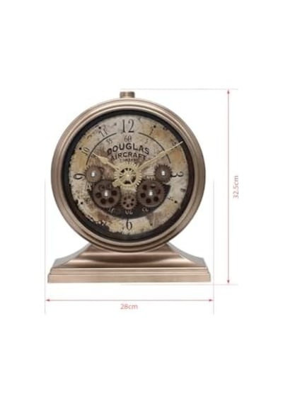Premium Serisi Antik Eskitme Kadranlı Döner Çarklı 32x28 Cm Ev Ve Ofis Masa Ve Duvar Saati Rakamlı Bronz Açık