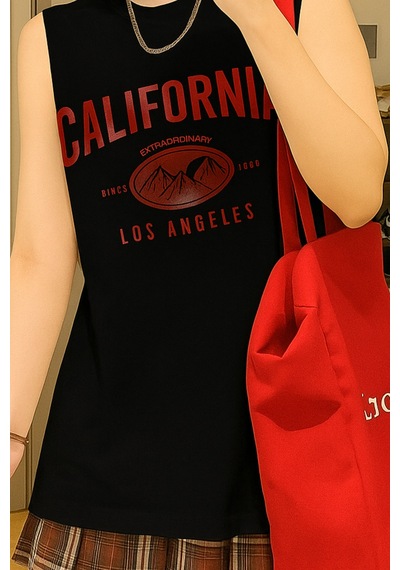 California Baskılı Siyah Kolsuz Atlet Kadın Sıfır Kol Oversize T-shirt Siyah