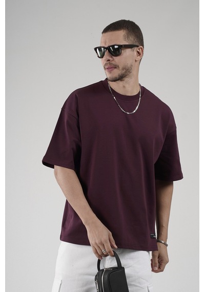 Bisiklet Yaka Oversize Erkek Süprem Tişört Bordo