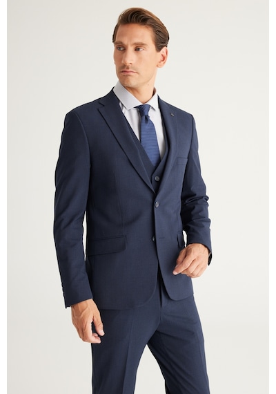 Ac&Co / Altınyıldız Classics Erkek K.lacı Recycle Slim Fit Dar Kesim Mono Yaka Yelekli Kareli Takım Elbise K.lacı Koyu Lacivert