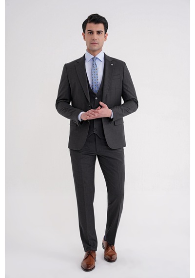 Efor Slim Fit Çift Yırtmaç Çizgili Esnek Yünlü Antrasit Yelekli Klasik Takım Elbise Tk 935 Antrasit