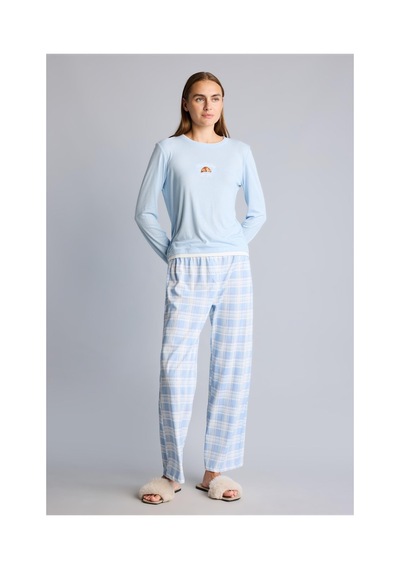 Defacto Slım Fıt Uzun Kollu Baskılı Üst Kareli Alt Ribana Pijama Takımı H8812ax26aube343 Mavi-be343