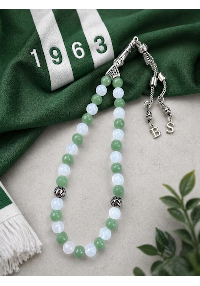 Bursaspor Renklerinde Yeşil Florit Ve Beyaz Akik Taraftar Tesbihi Beyaz - Yeşil