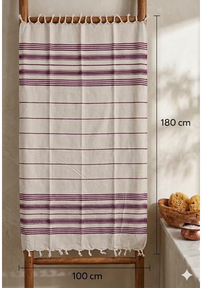 Pamuk Peştemal 100x180 Cm Çizgili Plaj Havlusu, Hamam Havlusu, Sauna Havlusu, Çok Amaçlı Kullanım Mürdüm