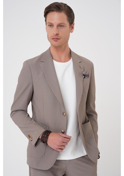 Efor Comfort Fit Mono Yaka Çift Yırtmaç Torba Cep Gofre Kumaş Casual Vizon Ceket C 703 Vizon