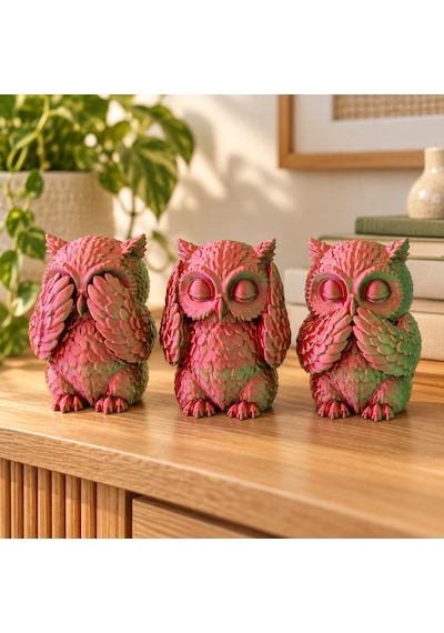 Üçlü Görmedim Duymadım Söylemedim Baykuş Seti Renk Değişimli 3d Baskı Dekoratif Figür 9,5 X 6,5 Cm Pembe - Yeşil