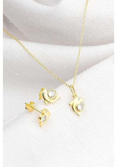 Tr 925 Ayar Gümüş Yunuslu Takı Seti, Zirkon Taşlı, Kadın, Gold Genel