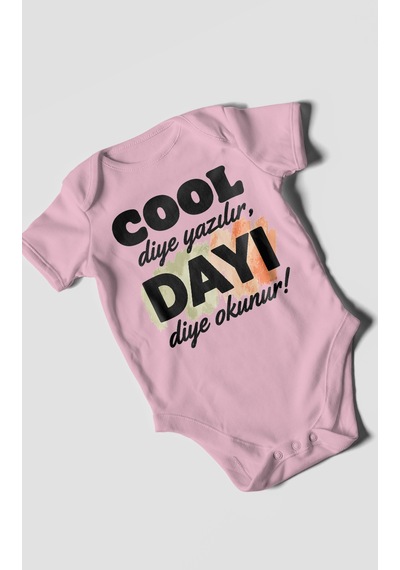 Morivokids Cool Diye Yazılır Dayı Diye Okunur Kısa Kollu Bebek Body %100 Pamuk Koyu Pembe
