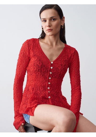 Dilvin 60433 Düğmeli Peplum Dantel Hırka-kırmızı