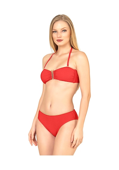 Endeep Kadın U Aksesuarlı Nar Çiçeği Dokulu Straplez Bikini Takımı Nar Çiçeği