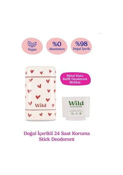 Wild %98 Natural Stick Deodorant Kutu + Refill Paketi - Love Heart Case + Pink Grapefruit & Lime 40 Gr