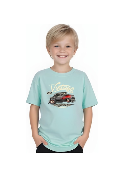 Fyk Kids Erkek Çocuk Yuvarlak Yaka İntage Car Baskılı T-shirt Mint Yeşil