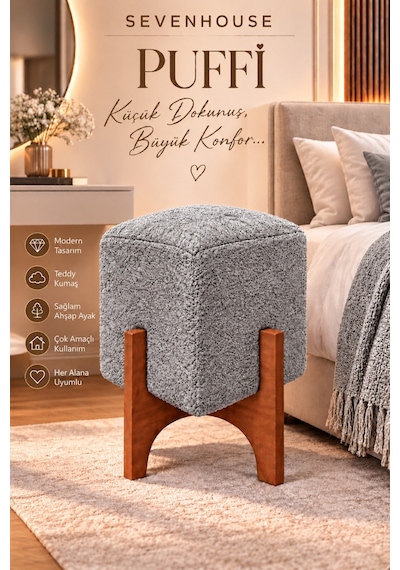 Puffi Ahşap Ayaklı Kare Makyaj Pufu Salon Oturma Pufu Dekoratif Teddy Kumaş Kaplı Puf Gri Gri