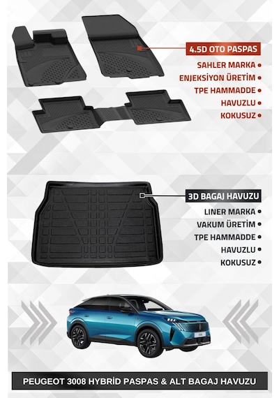 Sahler Peugeot 3008 2024+ Hybrid Uyumlu 4.5d Premium Havuzlu Oto Paspas Ve Liner Marka 3d Alt Bagaj