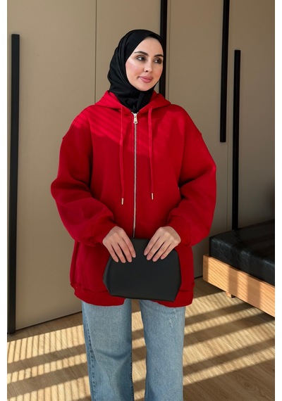 Balenbi Kadın 3 İplik İçi Polarlı Kapüşonlu Tesettür Basic Sweat Hırka 395 Kırmızı