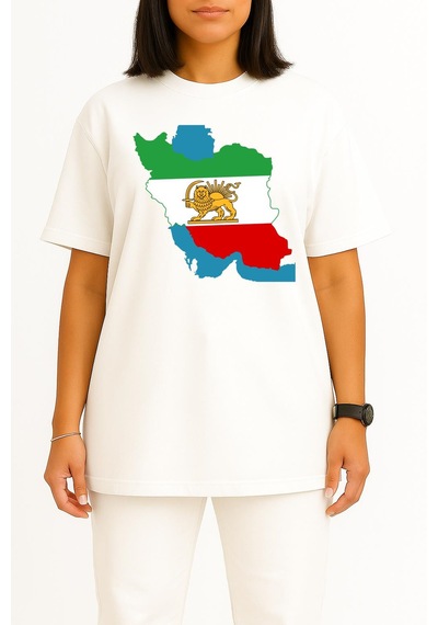 Bahriyeli Collection Oversize İran Bayraklı Harita Göğüs Baskılı Unisex T-shirt Beyaz