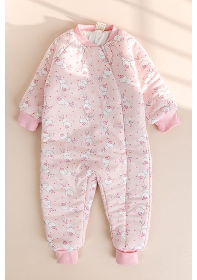 Babymod Tavşan Desenli 2,5 Tog Elyaf Dolgulu Premium Kalite 100% Pamuk Penye Astarlı Çocuk Uyku Tulumu Pembe
