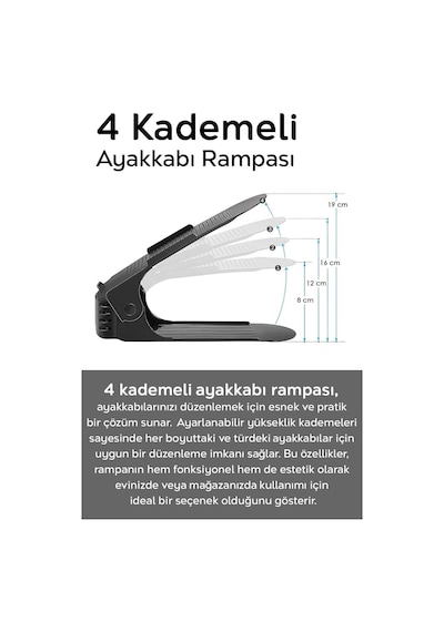 10'lu Tekli Ayarlanabilir Ayakkabı Rampası - Dolap İçi Ayakkabı Düzenleyici Organizer Siyah