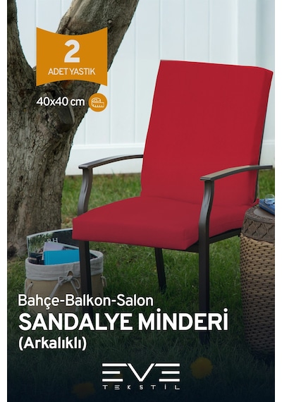 Eve Tekstil Bahçe - Salon - Balkon Arkalıklı Fermuarlı Bağlanabilir Yıkanabilir Katlanabilir Sandalye Minderi 2 Adet Kırmızı