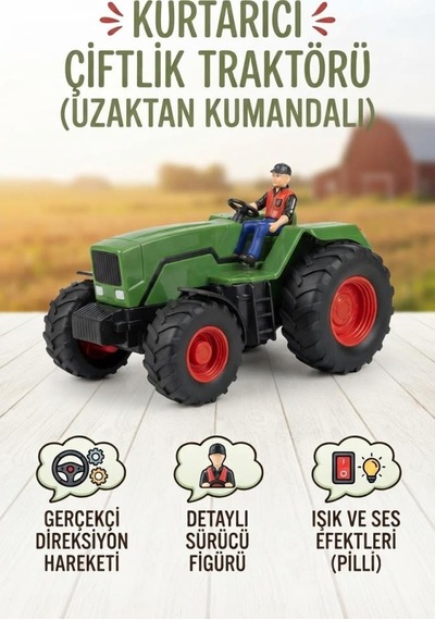 Uzaktan Kumandalı Işıklı Figürlü Gerçekçi Tasarım Çiftçi Traktörü 1:24 Ölçekli 6 Fonksiyonlu Oyuncak