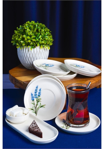 Heda Porselen Lavanta 6'lı Porselen Çay Tabağı Seti Kırık Beyaz