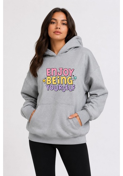Herkesemoda Enjoy Being Baskılı Kapüşonlu 2 İplik Şardonlu Sweatshirt Gri