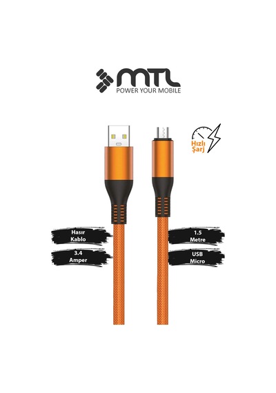 3.4a Usb To Micro Usb Örgülü Metal Başlıklı Hızlı Şarj Ve Data Kablosu 1.5 Metre Mt2053