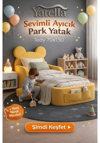 Yatella Luxury Tedyy Baza ve Başlıklı Montessori Full Sünger Yatak Seti 70 X 130 Sarı