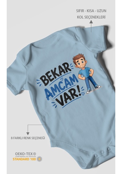 Morivokids Bekar Amcam Var Kısa Kollu Bebek Body %100 Pamuk Bebe Mavisi