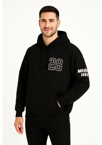 Tarzyeri Erkek Kapşonlu Sweatshirt Üç İplik Şardonlu Oversize Fit Ön Arka Siyah