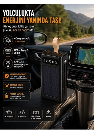 30000mah Güneş Enerjili Powerbank Lcd Ekran Usb Type-c Lightning Dahili Kablolu Taşınabilir Şarj Siyah