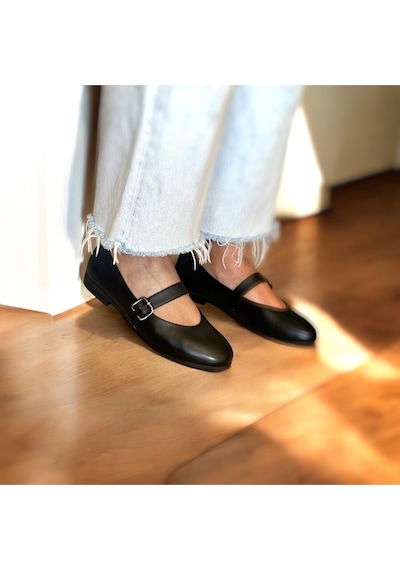 Ne&ve Shoes Siyah Hakiki Deri Yuvarlak Burunlu Tokalı Kadın Babet