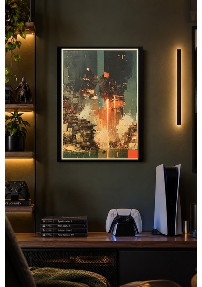 Soyut Turuncu Şehir Desenli Dekoratif Mdf Tablo, Çerçeve Görünümlü Ahşap Poster
