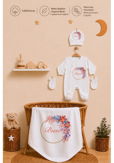 Pia Baby İsme Özel Kız Bebek Hastane Çıkışı 4 Lü Set %100 Pamuk Organik Baskılı Battaniyeli Tulum Seti 1037bt3x Ekru