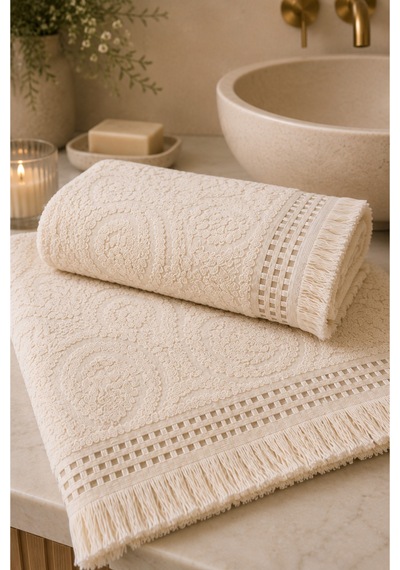 Paisley Desenli Saçaklı 2 Li Baş Ve Banyo Havlusu Seti 50x90 + 90x150 Cm - Ekru