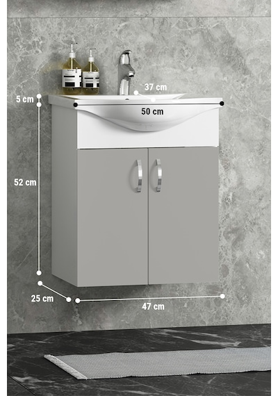 Yıldız 50 Cm Sis Gri Mdf Seramik Lavabolu Asma Alt Banyo Dolabı Beyaz-sis Gri