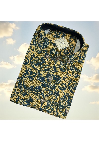 Linen Uzun Kol Pamuklu Yakası Gizli Düğmeli Gömlek Slim Fit Kalıp Sarı