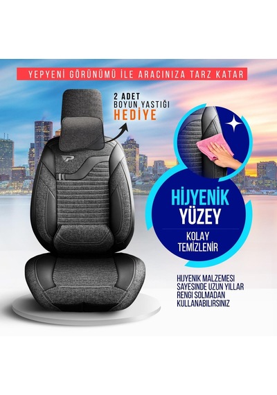 Panda Boston Serisi Keten Kumaş Oto Koltuk Kılıfı   - Tam Set