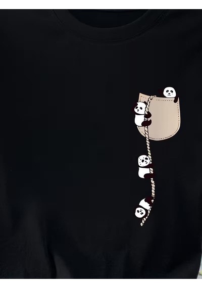 Sevimli Panda Grafikli İpli Cep Detaylı Kısa Kollu Oversize Unisex Bisiklet Yaka Tişört SIYAH