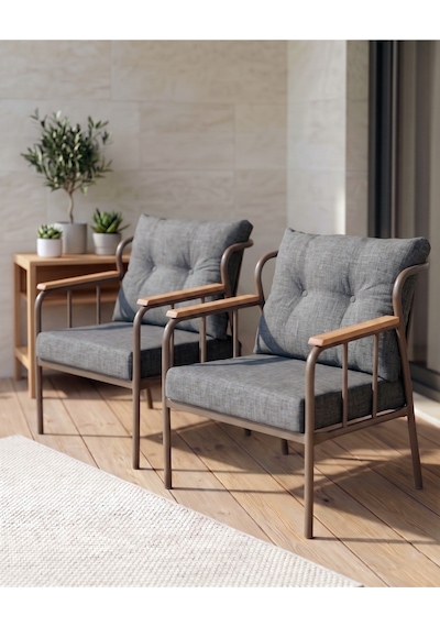 Paris Metal İskeletli Gri Keten Dokulu Balkon Bahçe Berjeri 2 Li Set Cappucino Gövde Modern Tekli Koltuk
