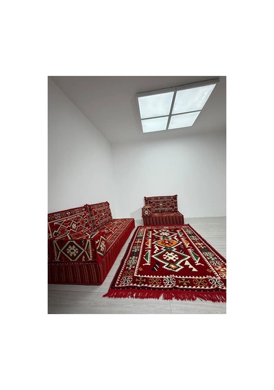 20 Cm Kalınlıklı Şark Köşesi Takımı - 70x190 + 70x95 Anadolu Kırmızı Desenli Minder Seti