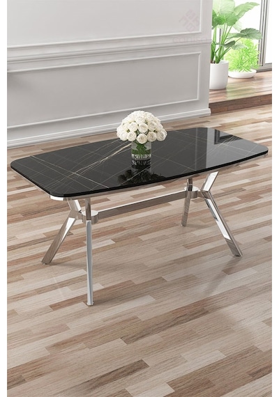 Canisa Asel Serisi 90x160 Lak Panel Siyah Mermer Desen Krom Detay Masa Takımı Ve 6 Gri Sandalye Siyah Mermer Masa Sandalye Gri Krom Detay Canisa Asel Serisi 90x160 Lak Panel Siyah Mermer Desen Krom Detay Masa Takımı Ve 6 Gri Sandalye Siyah Mermer Masa Sandalye Gri Krom Detay