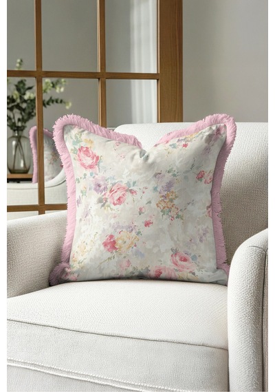 Romantik Çiçek Gül Bahçesi Saçaklı Yastık Kılıfı - Vintage Floral Krem Pembe Püsküllü Kırlent Kılıfı Puslu Lagün Lime Romantik Çiçek Gül Bahçesi Saçaklı Yastık Kılıfı - Vintage Floral Krem Pembe Püsküllü Kırlent Kılıfı Puslu Lagün Lime