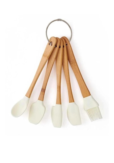 Bambu Saplı Slikon Uçlu 5 Parça Mini Spatula Kaşık Fırça Seti Açık Kahverengi