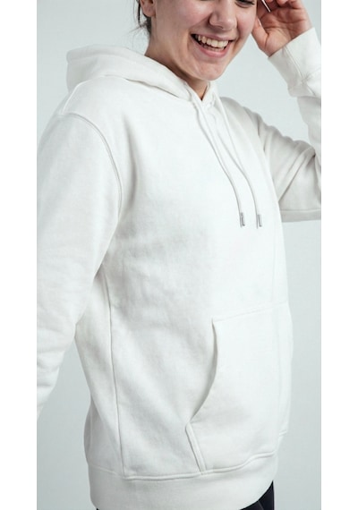 Hoxie Unisex Rahat Kesim Pamuklu Yumuşak Dokulu İçi Polarlı Basic Desenli Kapüşonlu Sweatshirt Beyaz
