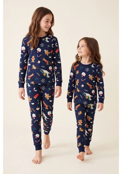 Zuzunga Unisex Çocuk Christmas Cookie Desenli Lacivert Pijama Takımı