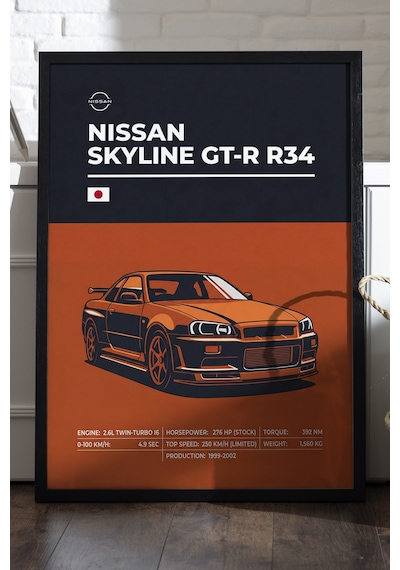 Nissan Skyline Gt-r R34 Siyah Ahşap Çerçeveli Poster, Dekoratif Araba Duvar Tablosu