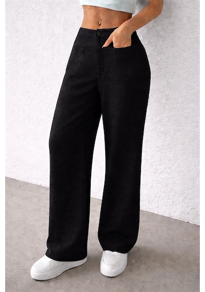 Tarz Cool Kadın Wide Leg Pantolon Ön Cep Detaylı Rahat Kalıp Günlük Pantolon Siyah