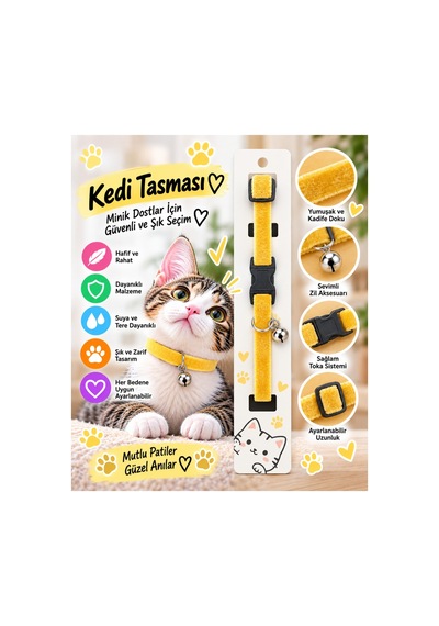 Kedi Tasması Hardal Sarısı Kadife Zilli Ayarlanabilir Klips Tokalı Boyun Tasması