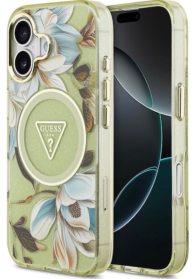 Apple Uyumlu iPhone 17 Kılıf Guess Lisanslı M-safeli Simli Çiçek Desen Metal Kamera Çerçeveli Üçgen Logolu Yeşil Yeşil